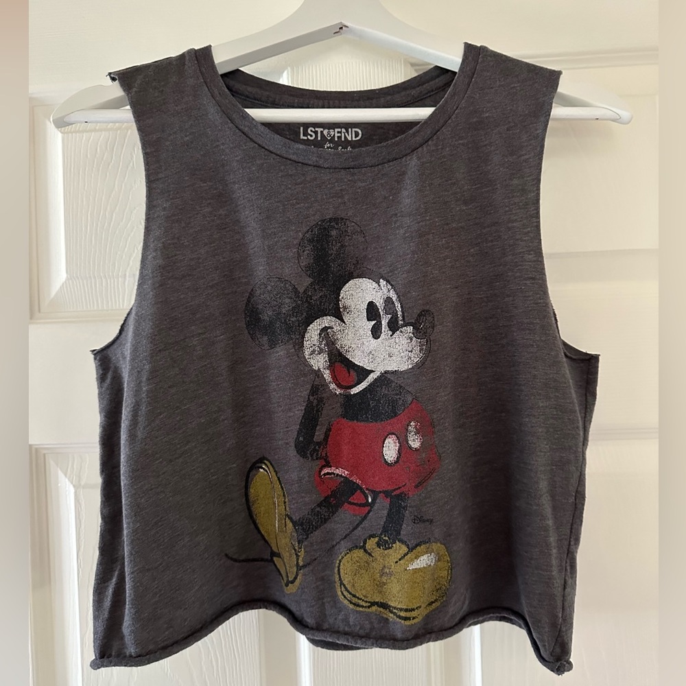 Lst & Fnd for American Eagle Outfitters gray Mickey Mouse crop top, sz medium.